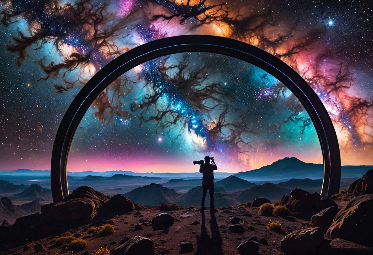 A cosmic landscape filled with vibrant streaming icons and film reels floating in a galaxy, featuring a telescope pointing towards a glowing screen displaying iconic movie scenes and lesser-known film gems. Ethereal stars twinkle in the background, enhancing the sense of wonder and exploration. The scene should convey a sense of adventure in discovering cinematic treasures. super-realistic. vibrant colors. cosmic theme.