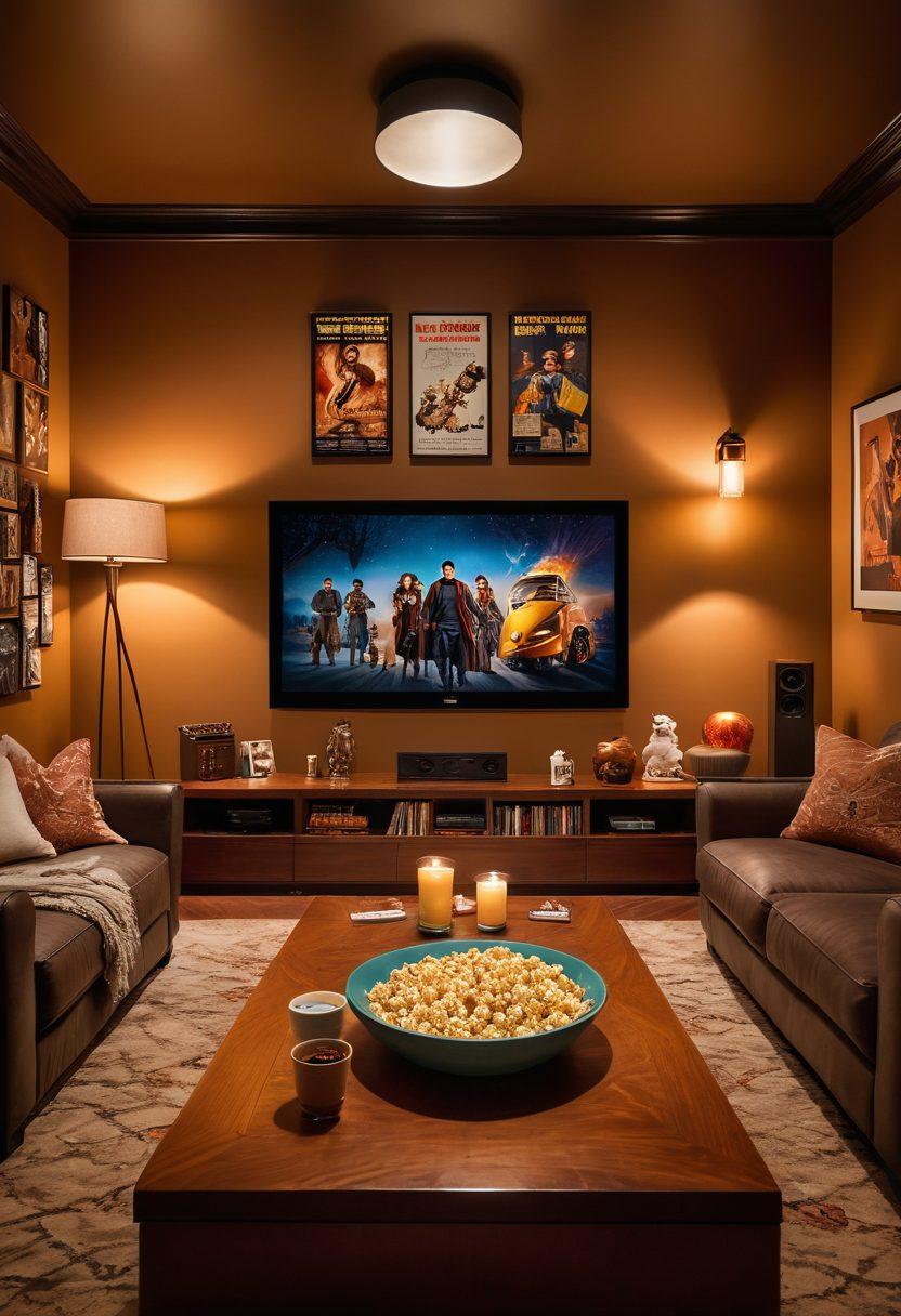 An inviting scene of a cozy home theater set-up, with a large screen displaying classic film posters. A bowl of popcorn sits on a stylish coffee table filled with movie memorabilia. Soft, warm lighting creates a comforting atmosphere as a couple lounges on a plush sofa, eagerly watching a film together. The ambiance exudes a sense of joy and excitement, perfect for movie nights. super-realistic. warm colors. cozy atmosphere.