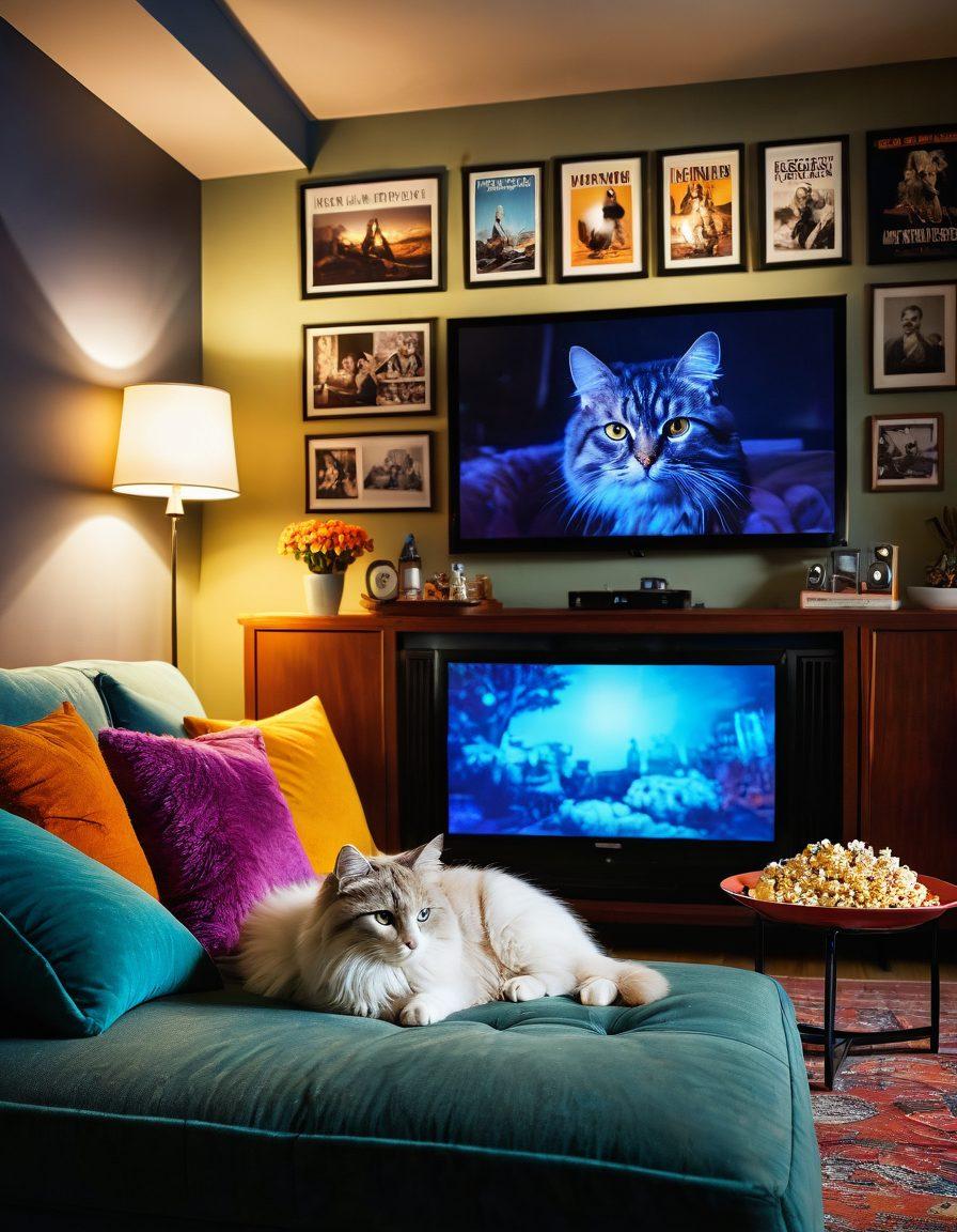 A cozy living room set for a perfect movie night, featuring a large screen displaying a vibrant film scene, plush cushions and popcorn bowls scattered around. Warm lighting creates an inviting ambience, with colorful movie posters on the walls and a retro film projector in the corner. Include a cat curled up on the sofa for added warmth. super-realistic. vibrant colors. warm lighting.